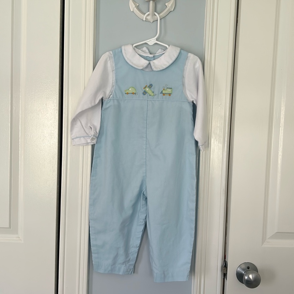 Petit Ami longall romper overalls 24 months light blue with car plane train